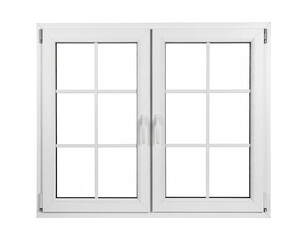 Obraz premium A classic, white, double-hung window with a symmetrical grid design and centered handles