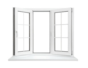 Obraz premium A white double-hung window, partially open, revealing a dark background
