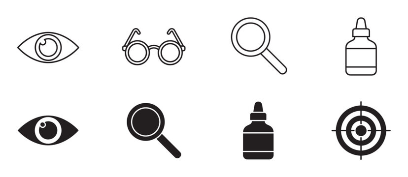 Black and white vision-related icon set featuring an eye, glasses, magnifying glass, dropper bottle, and target symbol in both outline and solid silhouette vector styles