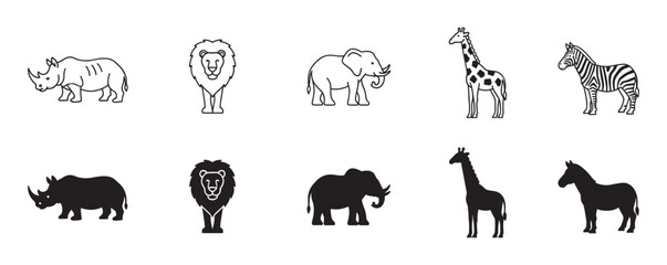 Naklejka premium Wild safari animal icons in outline and silhouette styles, featuring a rhinoceros, lion, elephant, giraffe, and zebra in a minimalist black and white graphic illustration set