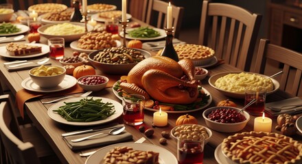 Fototapeta premium Thanksgiving Dinner Feast with Roasted Turkey and Holiday Food