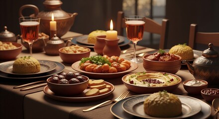 Fototapeta premium Warm Lit Table Setting with Middle Eastern Dishes and Candles