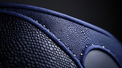 A close-up of a blue leather surface with a textured pattern and small gold studs.