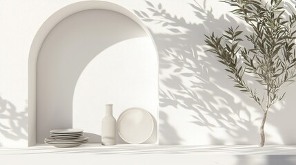 A minimalist white shelf with a plant and plates.