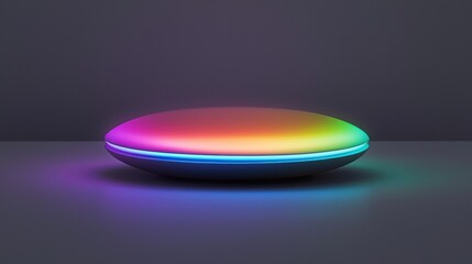 A futuristic lamp with a glowing rainbow-colored light and a black base.