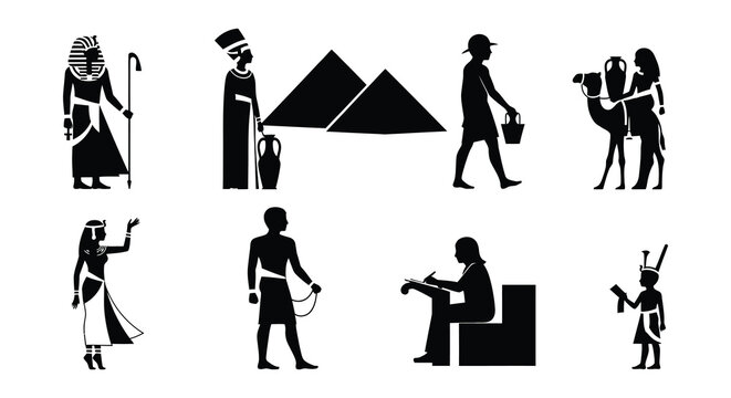 Ancient egypt themed silhouettes depicting people animals and pyramids