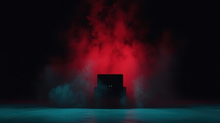 A mysterious black box with glowing green eyes sits in the center of a room filled with red and black smoke.