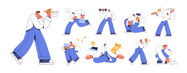 Fototapeta premium Employee works set. Office worker is late and hurries up, rushing. Business man takes notes, relaxes with completed tasks, sends letter, fails. Flat isolated vector illustrations on white background.