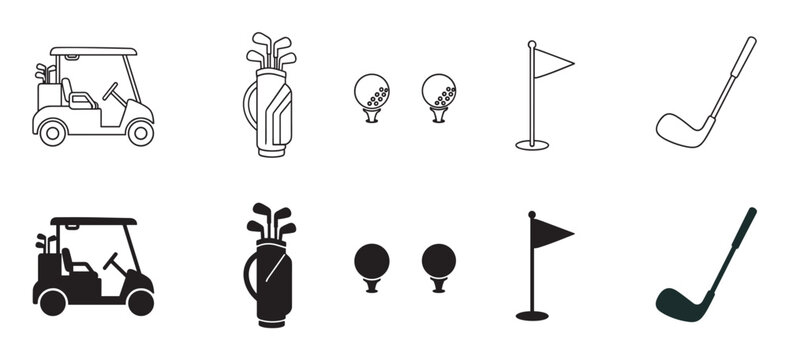 Black and white golf icon set featuring a cart, bag, club, ball, and flag in both line art and solid silhouette styles for sports design and web graphics