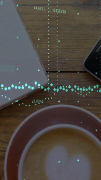 Vertical video: Frame shift showing latte while teal layer pulsing, numbers updating for live data