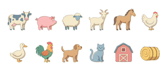 Fototapeta premium Set of twelve adorable farm animal illustrations featuring a cow, pig, sheep, goat, horse, chicken, duck, rooster, dog, cat, barn, and hay bale in a cute cartoon design