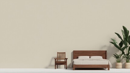 A minimalist bedroom scene with a wooden bed, chair, and potted plant.