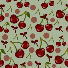 Seamless cherry print with glossy red cherries, ribbon bows and dots on muted sage green. Perfect for modern cute wallpaper, fabric, clothing, wrapping paper and packaging.