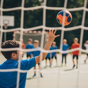 Handball: A handball being thrown toward a goal with high velocity. Group of children playing in the background, slightly blurred, candid action scene. Natural daylight, outdoor court setting, medium 
