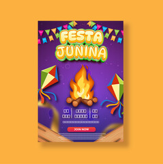 Festa Junina poster template design, Brazilian June festival background with flags and bonfire, Sao Joao party invitation vector.