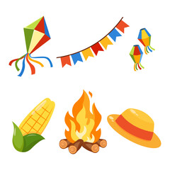Festa Junina element collection set, Brazilian June festival clip art with bonfire and flags, Sao Joao traditional icons vector bundle.