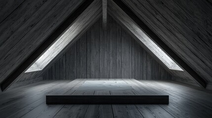 A room with a slanted ceiling, wooden floor, and a large window.