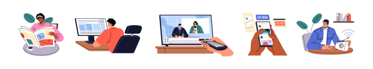 Plakat Set of people watching breaking news. Characters are listening to broadcasts and TV, reading newspapers. Men and women are browsing the internet. Flat isolated vector illustrations on white background