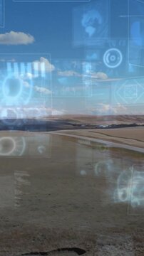 Vertical video: Frame two starting HUD panels appearing over farmland rising showing crop data