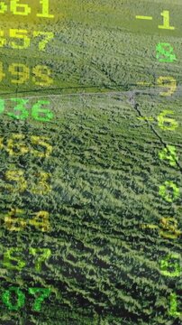 Vertical video: Data feed starting scrolling numbers over forest as camera sliding showing corridor