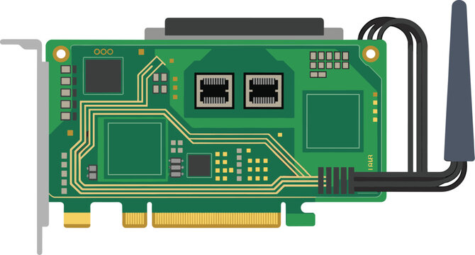 Computer network interface card with Ethernet ports, PCIe connector, antenna, PCB components, hardware technology, flat vector illustration