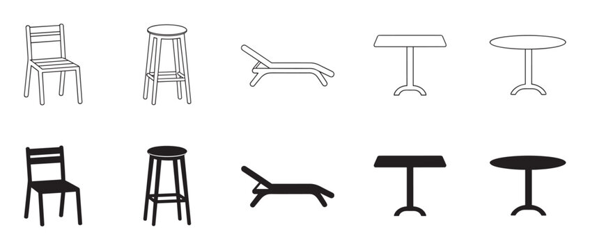 Minimalist black furniture icon set featuring chairs, stools, tables, and a chaise lounge, with each piece shown in both simple line art and solid silhouette styles
