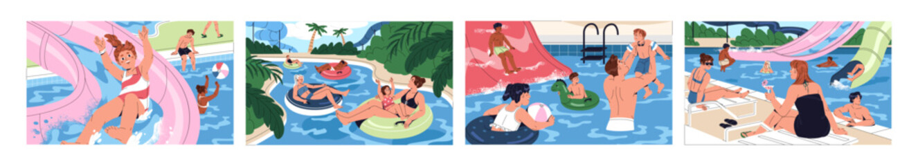 People have fun and rest in aquapark set. Family with kids slides on waterslides, sunbathing and play in swimming pool. Characters in swimsuit are in water park in summer. Flat vector illustrations.