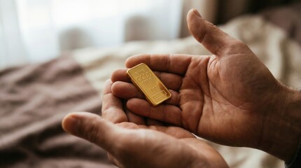 Man Holding Gold Bar in Hands with Warm Light and Soft Background