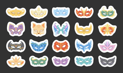 Naklejka premium Carnival mask set in scandinavian style featuring masquerade face covers with ornaments festival costume accessories celebration perfect for your illustration and creative designs projects
