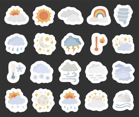 Fototapeta premium Meteorology weather set in scandinavian style featuring clouds sun moon rain snow wind temperature symbols forecast climate atmosphere sky seasons