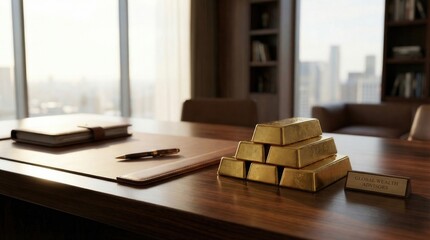 Golden Bullion on Elegant Office Desk with City View in Background