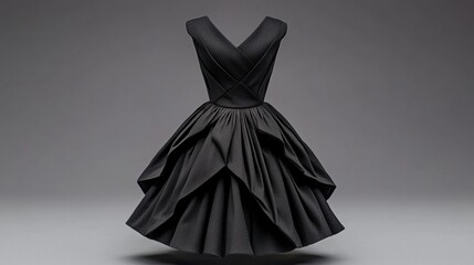 A black dress with a V-neck and ruffled skirt.