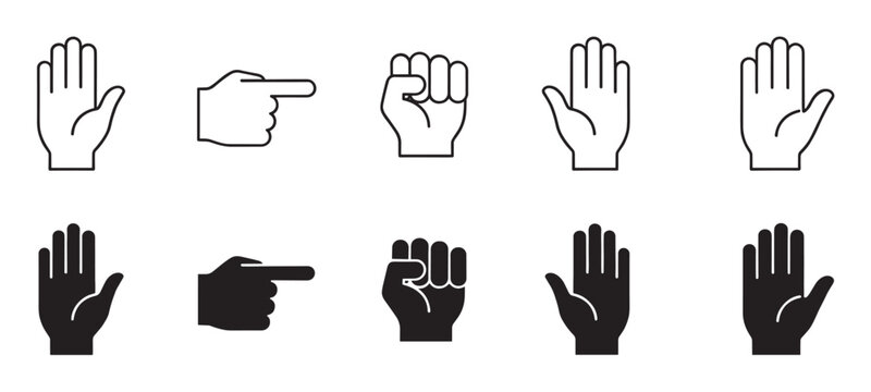 Set of black hand gesture icons in outline and solid silhouette styles, showing various common signs including an open palm for stop, a pointing finger, and a clenched fist