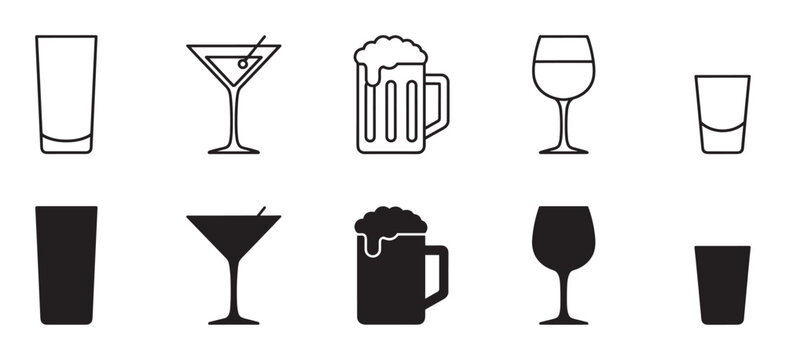 Set of black drink glass icons showing various types of glassware for alcoholic beverages in both simple line art and solid silhouette styles for graphic design