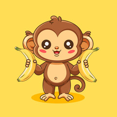 Fototapeta premium Cute Monkey Holding Two Bananas Vector Illustration Cartoon Kawaii Style