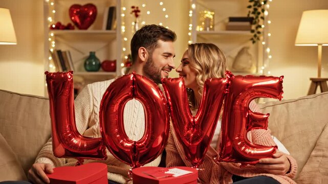 Happy couple celebrating Valentine's Day on sofa with balloons and gift boxes at home