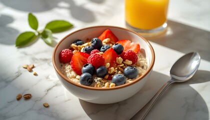 A bowl of oatmeal with fresh berries and a glass of orange juice on a marble table