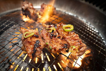 網の上で炎を上げて焼けるジューシーな中落ちカルビ