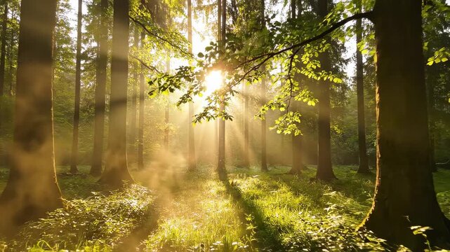 Sun rays breaking through green forest trees with atmospheric fog and light beams