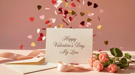 Valentine Greeting Card with Falling Hearts