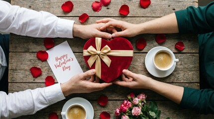 Hands Holding Valentine Gift Box Close-up with Couple Holding Hands 