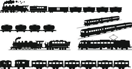 Vintage and modern train silhouettes, steam locomotive, freight train, passenger train, electric train, railway transport, black vector icons, train cars, train wheels, railroad vehicles © MstMoslama