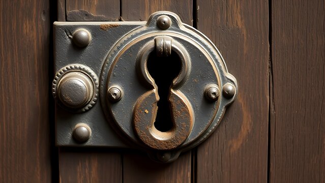 deadend. Antique prison door lock with rusted keyhole, heavy iron construction and patina on weathered wood. real-estate listings.