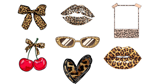 Trendy Leopard Print and Cheetah Pattern Icon Set, Featuring Lips, Bow, Sunglasses, Heart, and Cherries for Fashion Branding and Social Media Graphics