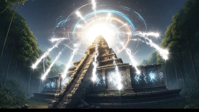 Ancient Mayan Pyramid Illuminated by Celestial Energy and Falling Stars at Night.