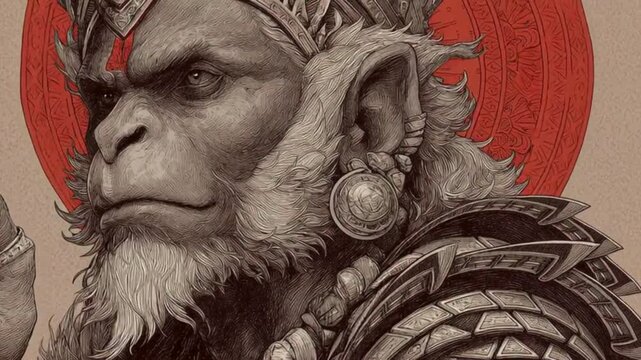 Detailed illustration of a powerful, regal monkey deity with intricate armor and a red halo, depicted in a serious and contemplative pose.