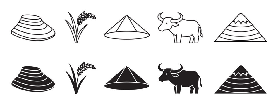 Set of black Asian farming icons featuring a rice hat, paddy, water buffalo, and mountain, presented in both simple outline and solid glyph styles for design elements