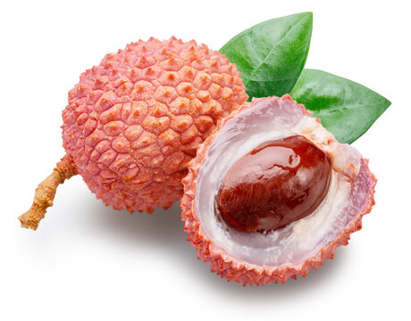Lychee fruits, green lychee leaves and lychee cut in half isolated on white background. File contains clipping path.