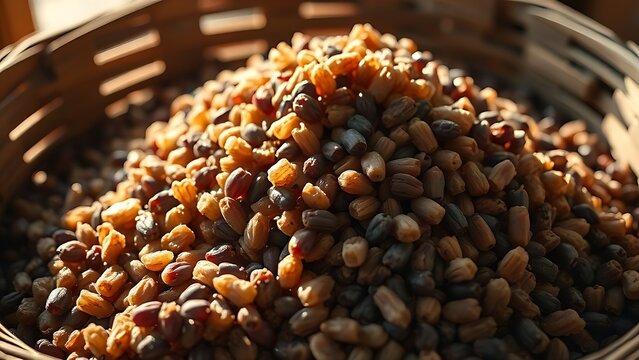 pomace. Pile of pressed grape pomace in a wooden basket in soft sunlight. menu design, packaging mockups, designed for food delivery and cloud-kitchen brand materials, used by software engineers.