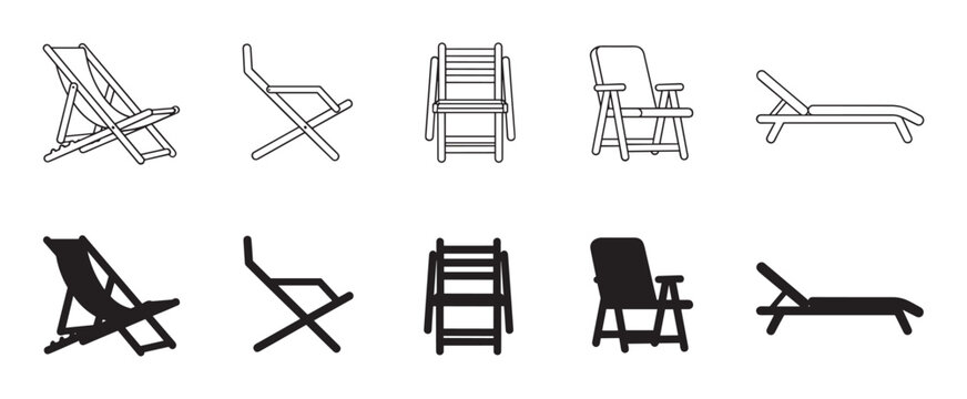Set of black beach chair and lounger icons in minimalist line art and solid silhouette styles, representing summer vacation, relaxation, and outdoor furniture from various perspectives